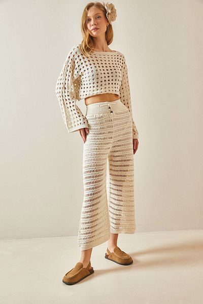 XHAN Beige Openwork & Perforated & Lined Loose Trousers 5YXK5-48246-25