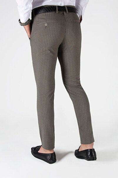 ADEGO Ανδρικό λινό παντελόνι Coffee Color Slim Fit ριγέ - Ιταλική κοπή