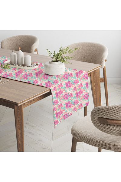 Karma Home Pink Green Floral Patterned Ecru Digital Printed Runner