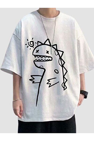 SELF CONTROL Unisex Oversize kroj Doodle Godzilla Štampano Oversize kroj T-shirt
