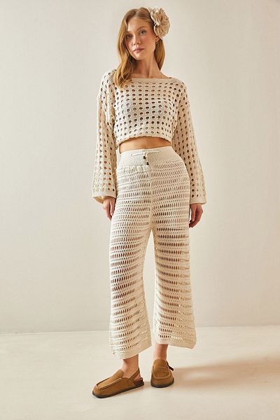 XHAN Beige Openwork & Perforated & Lined Loose Trousers 5YXK5-48246-25