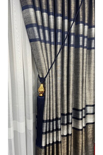 Yuka Panou de fundal Perdele Albastru închis Fundal gri și maro Jacquard țesut cu dungi aurii Pliu închis cu o singură aripă