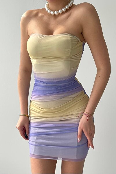 bayansepeti Çift Renk Esnek Astarlı Tül Kumaş Straplez Yaka  Mini Elbise 233