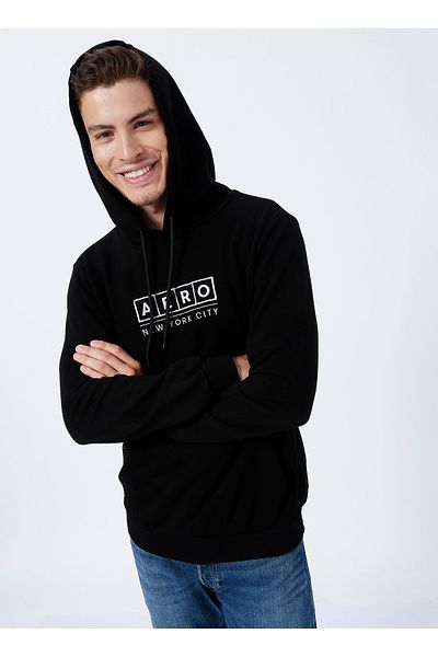 Aeropostale Bedrucktes schwarzes Herren-Sweatshirt mit Kapuze und Kragen E-1276