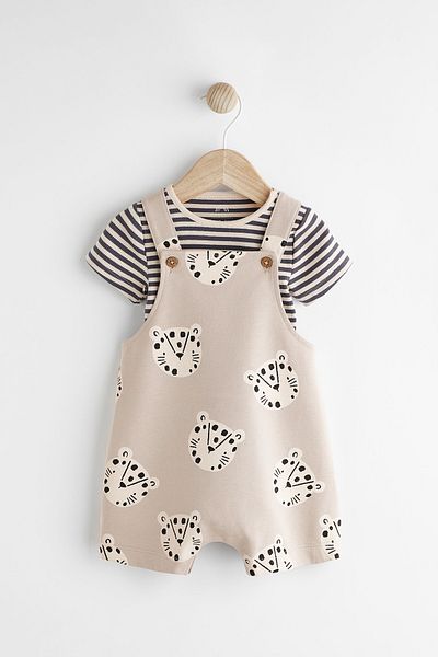 Next Baby 100% Cotton Black and White Striped Animal Patterned Salopet Bodysuit Set