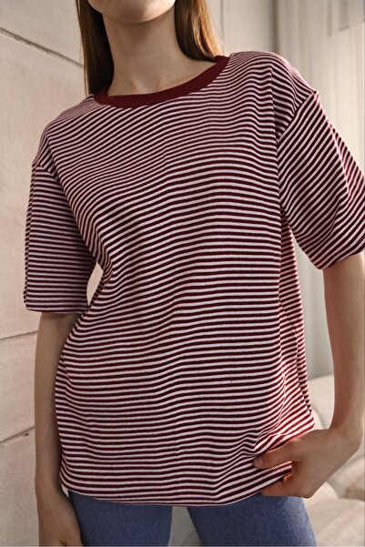 ALLEYTA Bisiklet Yaka Çizgili Oversize Unisex Tişört