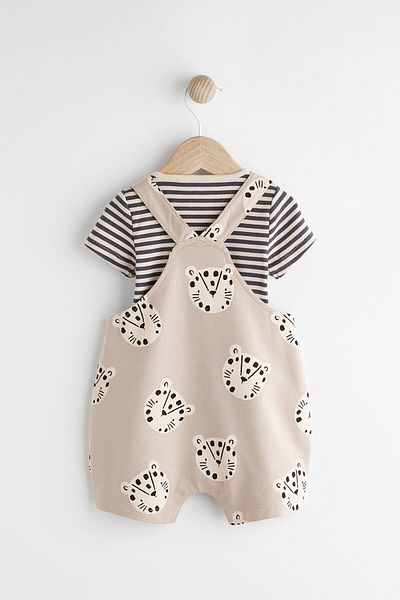 Next Baby 100% Cotton Black and White Striped Animal Patterned Salopet Bodysuit Set