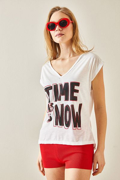 XHAN White V-Neck Printed T-Shirt 5YXK1-48230-01