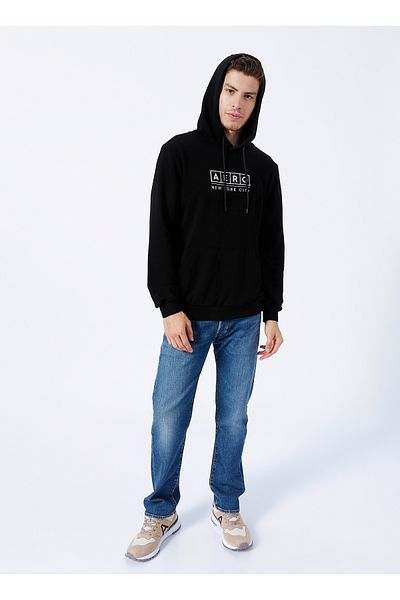 Aeropostale Bedrucktes schwarzes Herren-Sweatshirt mit Kapuze und Kragen E-1276