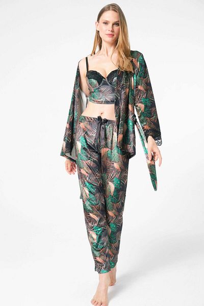 Anıl Velvet Floral Patterned Dressing Gown Padded Padded Lace Bustier Bra and Pajamas 3-Piece Set (5681)