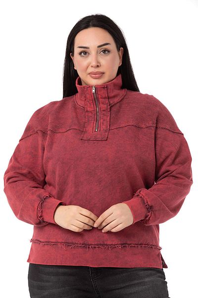 DISENTIS MODEST Hanorac de marime mare, cusut murdar, cu fermoar, bucata cu fanta pictata, rosu claret