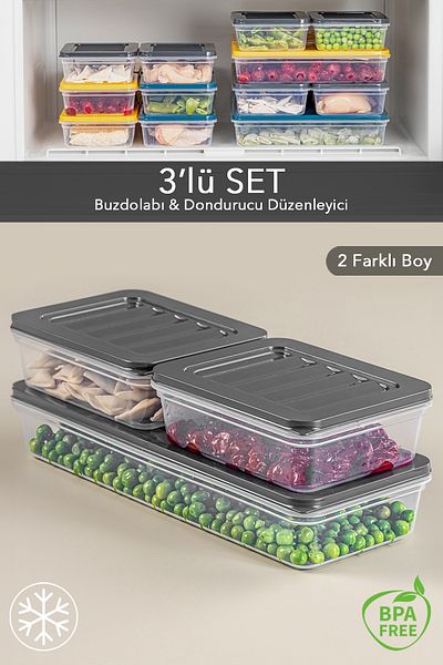 Meleni Home 3-Piece Anthracite Storage Container - Microwave Compatible, 1x1170ml & 2x600ml