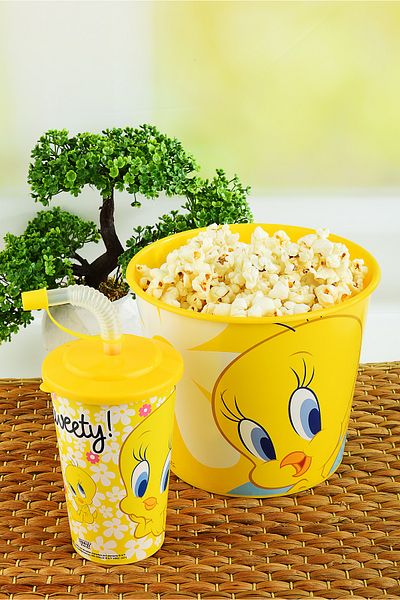 Cosines Tweety Corn & Popcorn Box+Lid Glass with Straw 400 ml