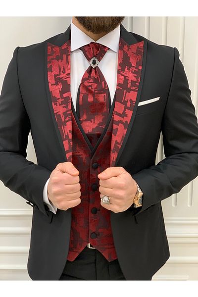 LONATOLİA Men's Double-breasted Tuxedo with Groom's Pattern Lapel Italian Style Slim Fit Jacket Vest Pants Bow Tie-Black