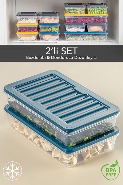 Meleni Home 2-Piece Refrigerator Organizer - Petrol 2 X 1200 ml Storage Container Suitable for Microwave and Freezer