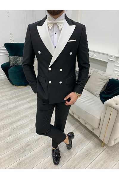 LONATOLİA Men's Double Breasted Tuxedo Groom Suit White Satin Collar Italian Style Slim Fit Jacket Trousers-white