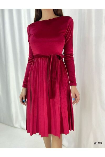 Esinty Fusta din catifea pentru dama Rochie plisata cu curea (colorata)