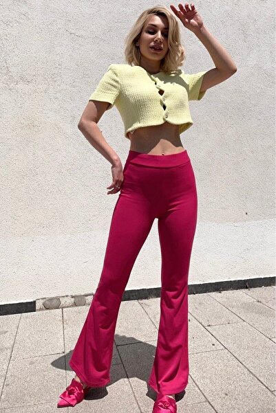 KaSheHa Fuşya Krep Kumaş Likralı Yüksek Bel Toparlayıcı Ispanyol Paça Tayt Pa...