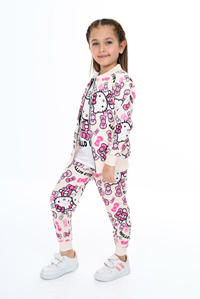 e-çocuk Cat Printed Girl's Set - Lower and Upper Set 2030