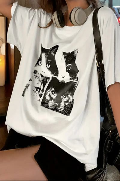 MODAGEN Μπλουζάκι Unisex Beige Cat Printed