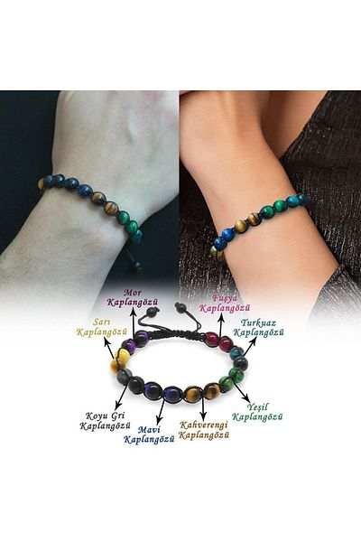 Tesbihane Macrame Braided Globe Cut Multiple Tiger Eye Natural Stone Combination Women's and Men's Energy Bracelet (Set of 2)