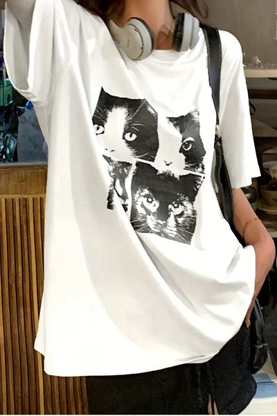 MODAGEN Μπλουζάκι Unisex Beige Cat Printed