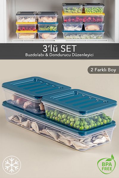 Meleni Home 3-Piece Refrigerator Organizer - Microwave and Freezer Suitable, Petrol 1X1170Ml & 2X600Ml Storage Container