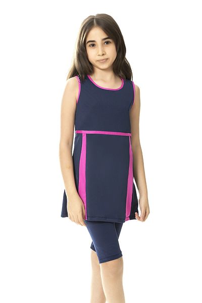 hazelin Costum de baie pentru fată, albastru bleumarin, fucsia, cu detaliu, 6-13 ani, colanți fără mâneci HZL24S-AR1141