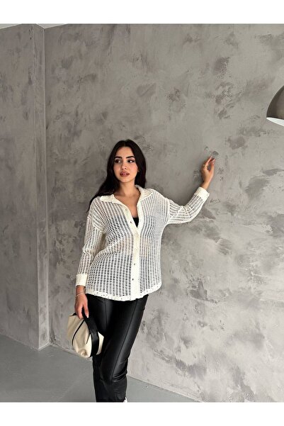 WEAR AND WEAR Kadın Krem Ajurlu Delikli Oversize Gömlek Mevsimlik Yeni Sezon Düşük Omuz Dokulu File Gömlek