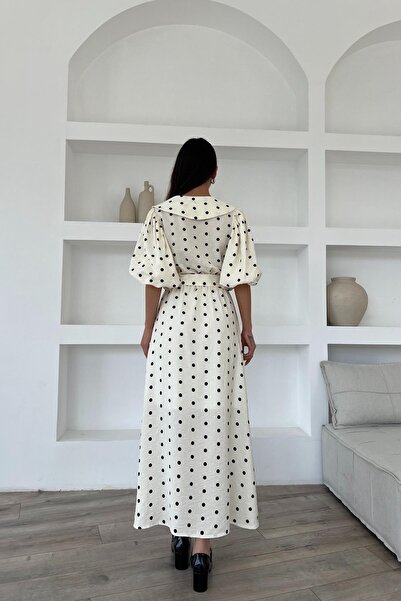 Seda Yalçın Atelier Beige Polka Dot Patterned Button Detailed Balloon Sleeve Dress
