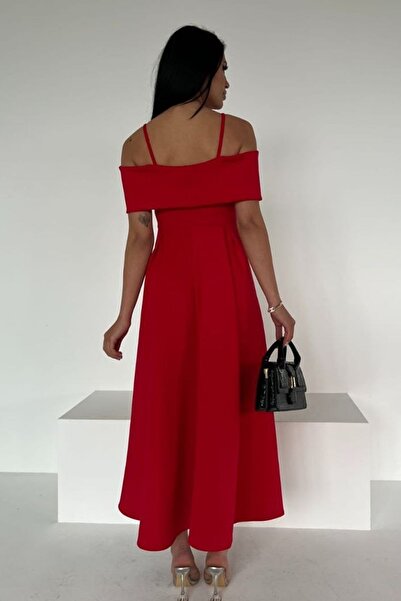 bayansepeti Red Flexible Scuba Fabric Cross Collar Detail Strap Midi Dress582586