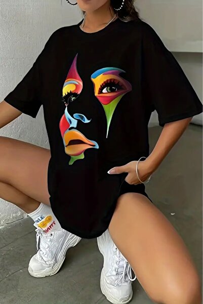 MODAGEN Μπλουζάκι Unisex πολύχρωμο πρόσωπο με στάμπα μεγάλου μεγέθους