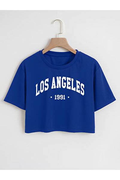 Ginevra تي شيرت نسائي قصير برقبة دائرية كبيرة الحجم مطبوع عليه لوس أنجلوس