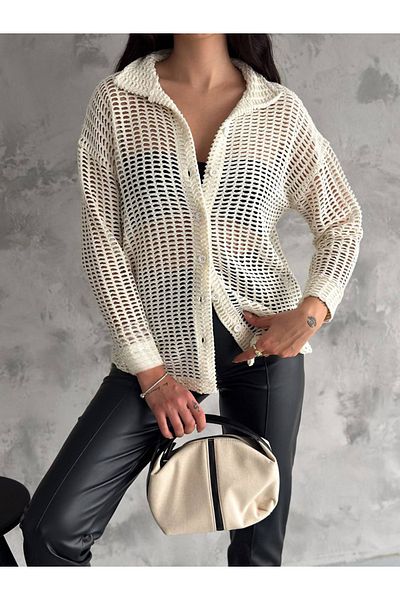 WEAR AND WEAR Women's Cream Openwork Hole Oversize Shirt Seasonal New Season Off Shoulder Textured Mesh Shirt