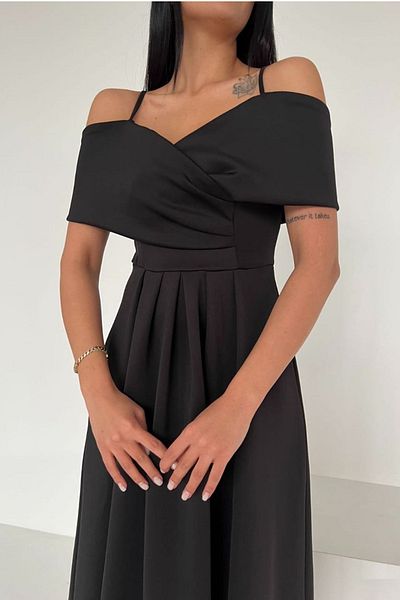 lovebox Women's Flexible Scuba Fabric Cross Collar Design Strap Black Midi Evening Dress582586