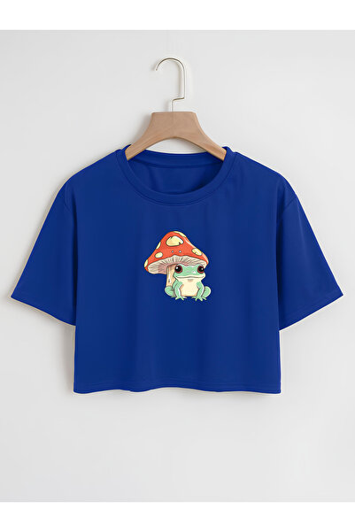 Ginevra تي شيرت نسائي قصير كبير الحجم برقبة دائرية وطبعة فطر وضفدع