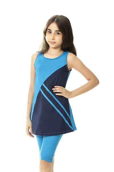 hazelin Costum de baie pentru fată, albastru bleumarin, cu detaliu, colanți fără mâneci, pentru vârsta de 6-13 ani, HZL24S-AR1142