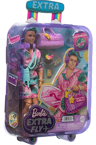 Barbie Extra Seyahat Ken Plaj Moda Bebeği  Boogie Board ve Spor Çantası ile Tropikal Kıyafet HNP 86