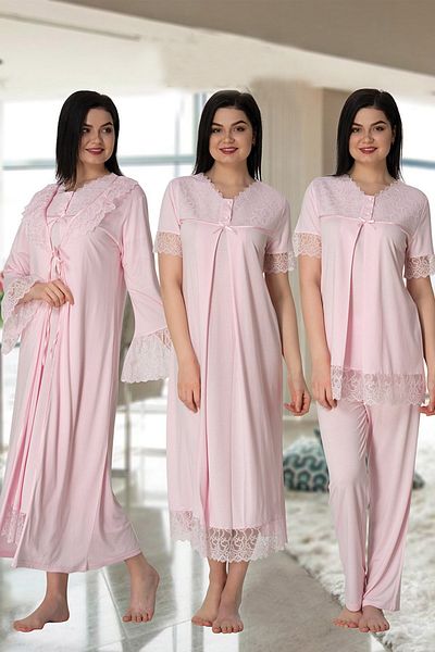 Lohussa Women's Pink Design Cotton Maternity Maternity Dressing Gown Pajamas Set Nightgown Set of 4