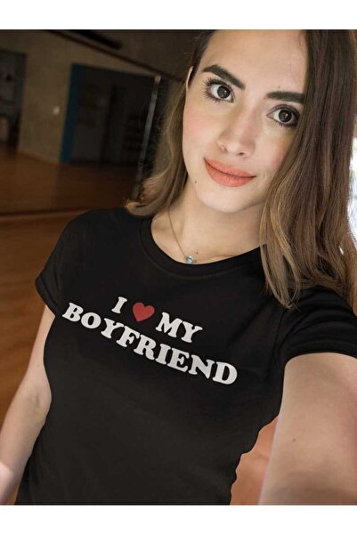 Papiloin Tricou negru I Love My Boyfriend cu imprimeu detaliat, tip crop top