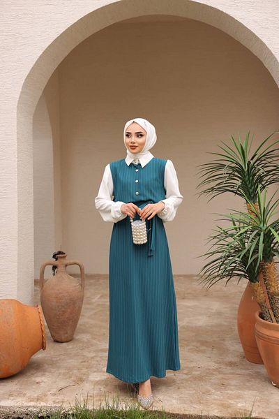 asyadabutik Belted Gold Buttoned Striped Hijab Dress