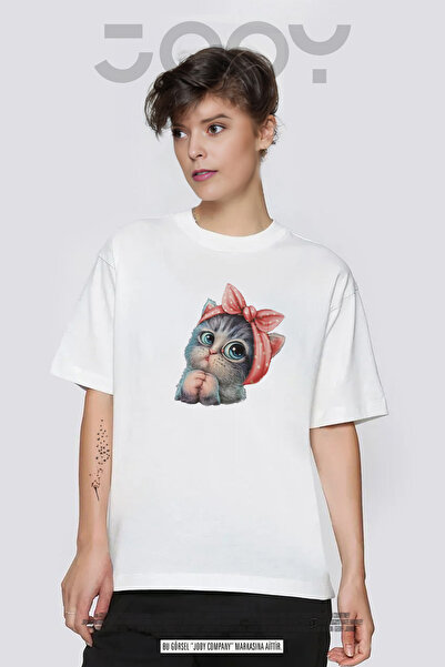 Jooy Company Slatka mačka Štampano bela Oversize kroj majica