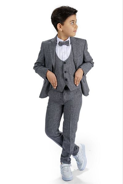 Magu Boy's Gray Jacket Shirt Vest Bow Tie Trousers Tuxedo Groom Suit