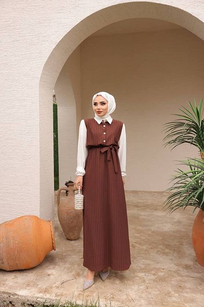 asyadabutik Belted Gold Buttoned Striped Hijab Dress