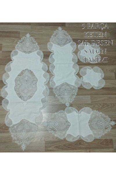 HMZ Five Pieces Linen Shal Pattern Room Set, Coffet Cover, Runner Set
