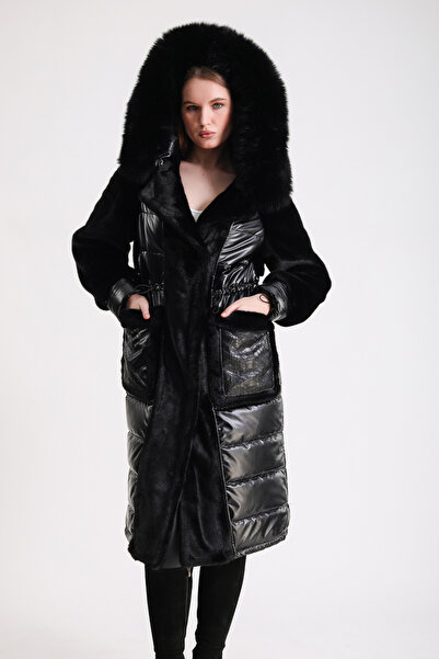 Leather Club Siyah Fox Aksesuarlı Yün Garnili Puffer Kaban