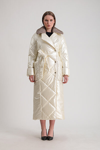 Leather Club Ekru Vizon Garnili Puffer Kaban