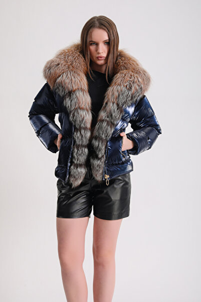 Leather Club Mavi Arjante Fox Aksesuarlı Puffer Kaban