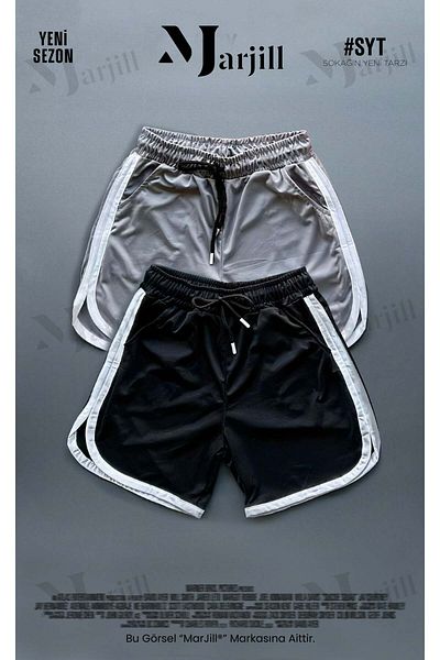 Marjill Grey-Black Mesh Basketball Training Shorts Set of 2 with Stripe Detail