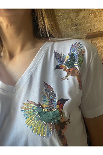 Cardella Μπλουζάκι με λαιμόκοψη 100% βαμβακερό μπλουζάκι με παγιέτες πουλιών ...